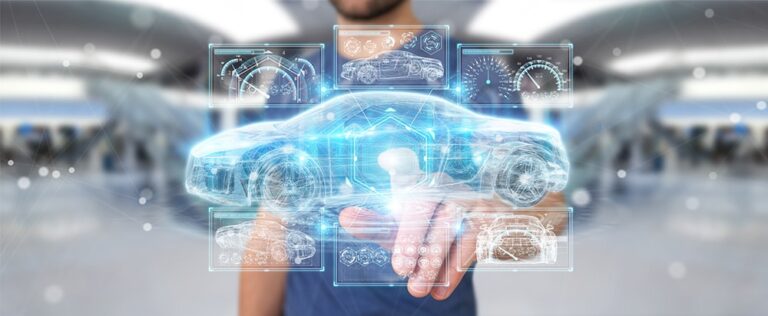 Businessman using modern smart-car interface; 3D rendering