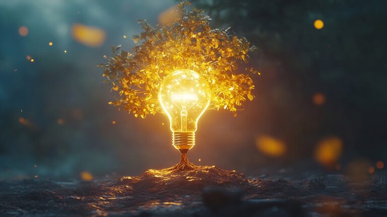 Lit up lightbulb with a golden tree surrounding it and golden roots