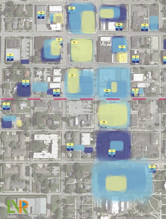 Picture showing many blocks with colored aerial shots of city blocks