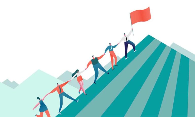 Illustration of people holding hands and climbing a mountain taking a red flag to plant at the top.