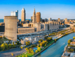 Aerial view of Cleveland, Ohio skyline at sunset. Cleveland is a major city in the U.S. state of Ohio and the county seat of Cuyahoga County.