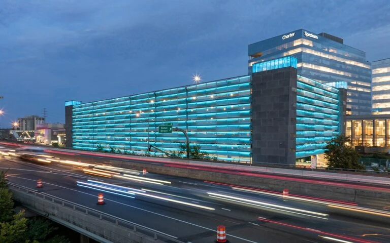 Stamford Transportation Center lit up at dusk