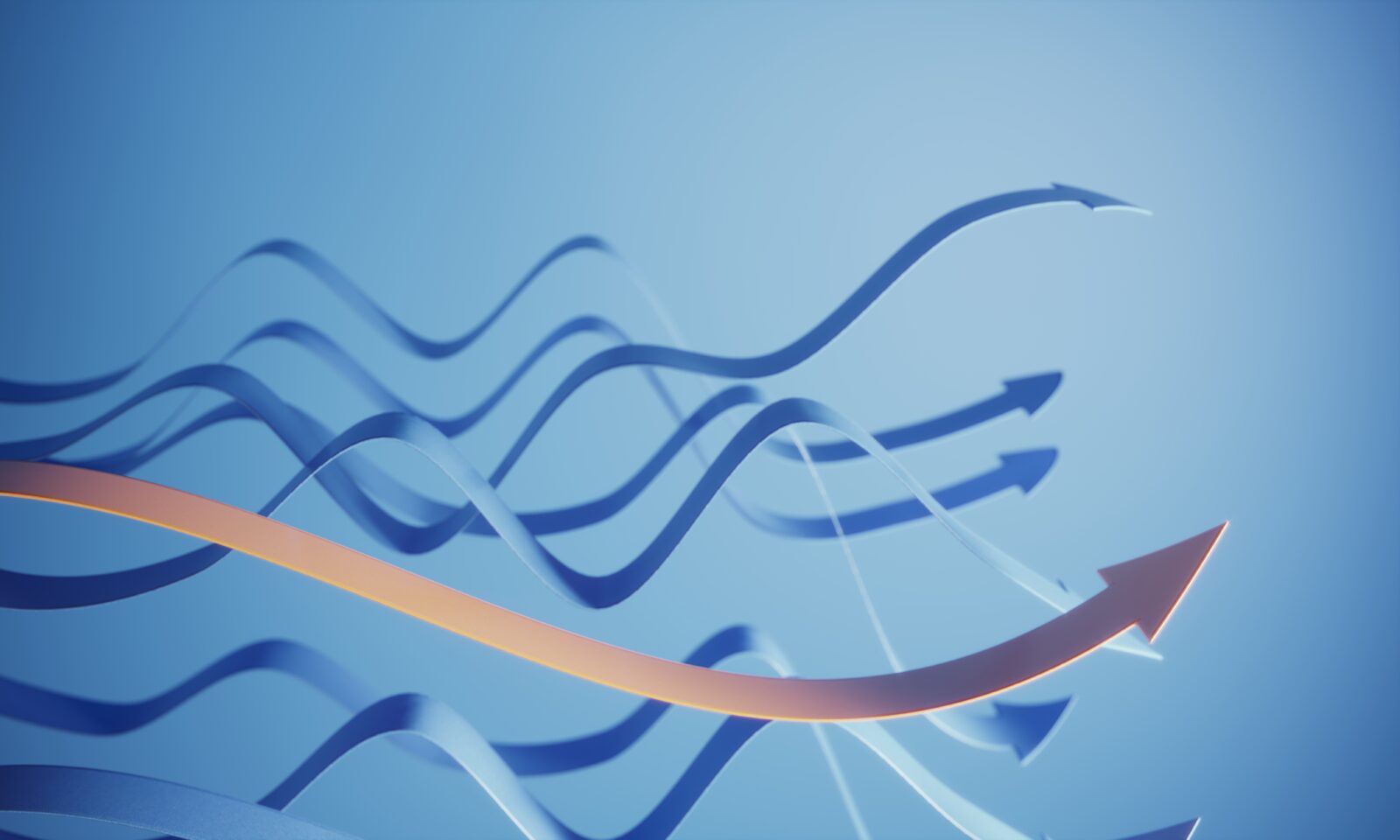 Orange colored arrow standing out from the blue wavy arrows on blue background, can be used in career growth, money improvement etc. concepts. (3d render)