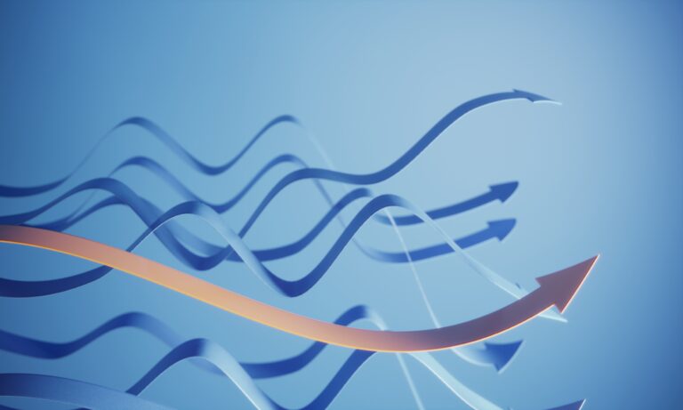 Orange colored arrow standing out from the blue wavy arrows on blue background, can be used in career growth, money improvement etc. concepts. (3d render)