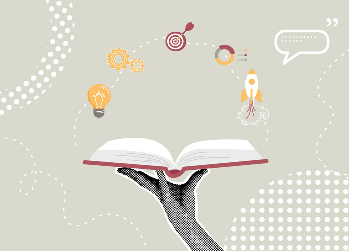 Trendy halftone collage. Unlocking potential. Brand story concept, concept development, storytelling message, learning. Vector illustration