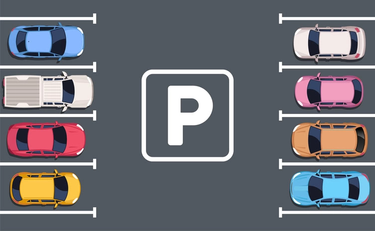 Vector Illustration of various colorful cars parked in a parking lot top view.