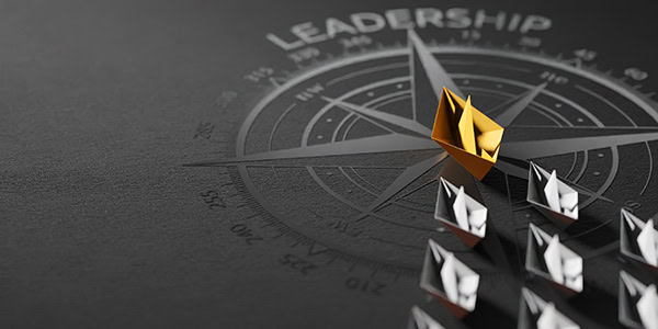 Leadership concept, yellow leader boat leading whites on compass, 3D Rendering