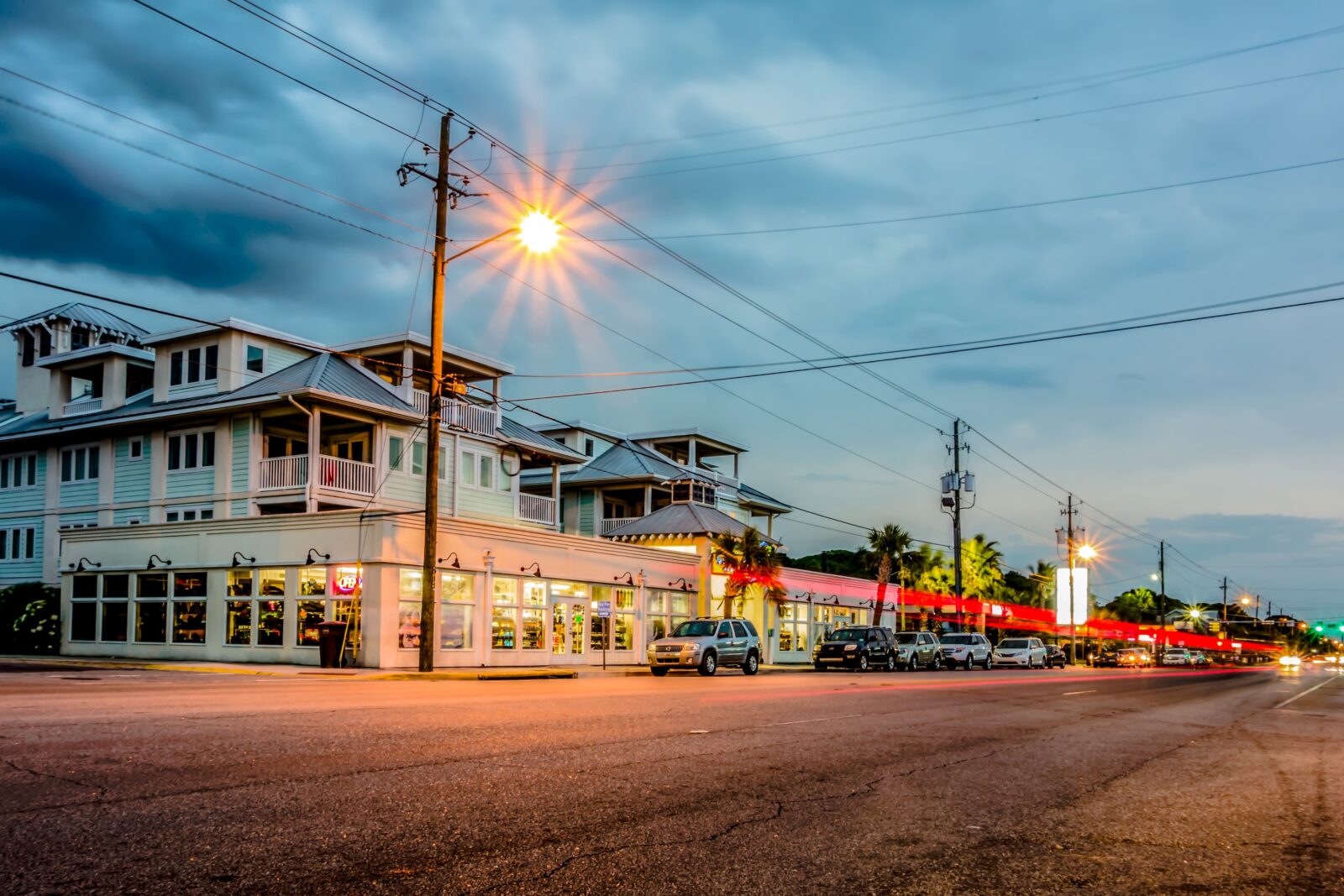 tybee island town center streets at sunset