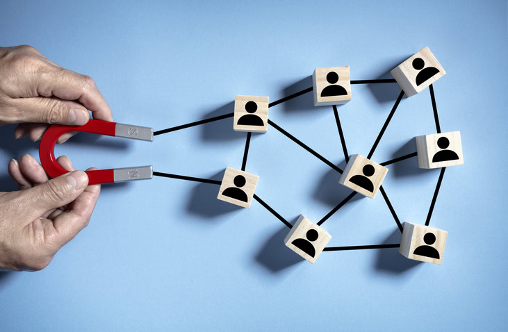 Magnet attracting clients, customers or employees from network and social media wood blocks and people icons