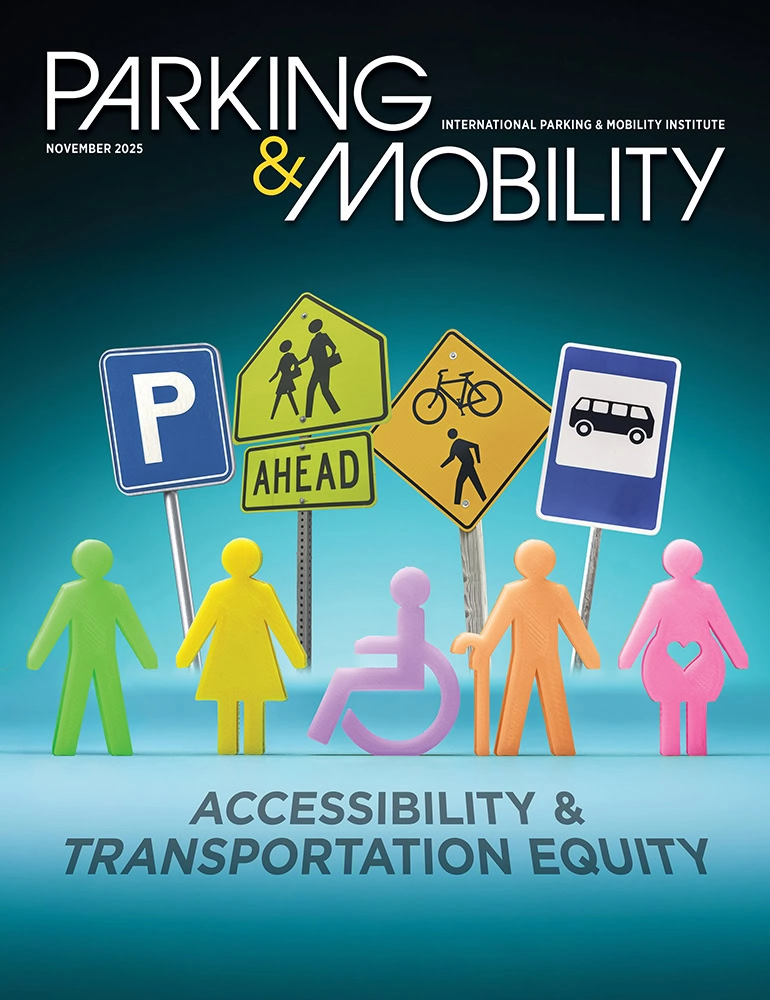 November 2025 accessibility and transportation equity themed cover of Parking ^ Mobility magazine.