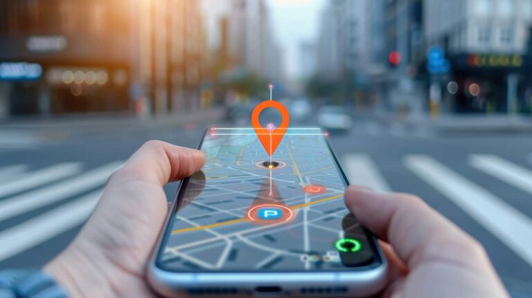 image of a person holding a mobile screen displaying a parking app with directions to a parking lot