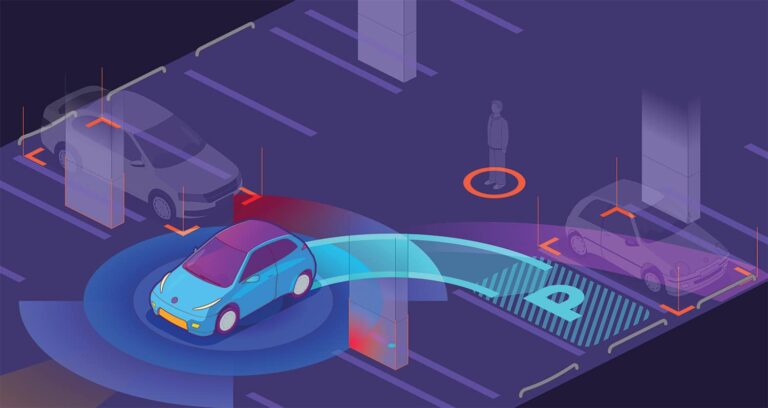 Illustration of a car pulling out of a parking space while a man watches in the background