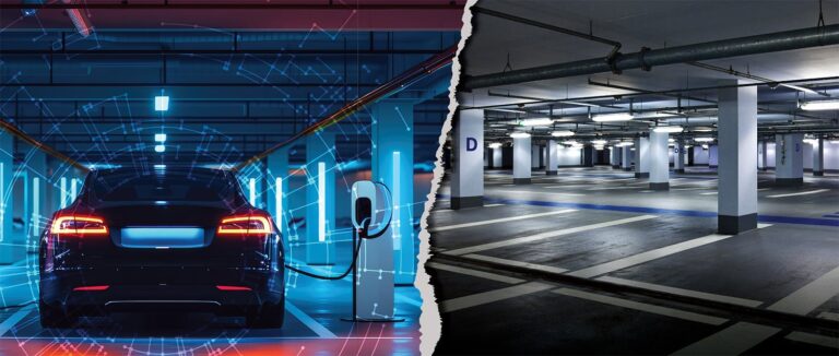 Composite abstract images of a car parked at an indoor charging station and an indoor parking garage with no cars parked