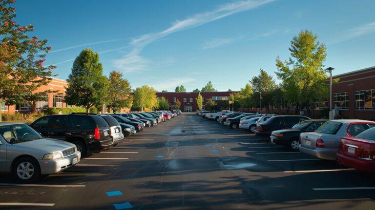 High School parking lot with neatly parked cars and school building in the background