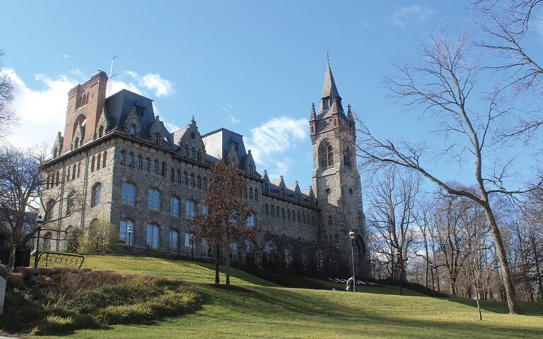 Beautiful large gothic mansion on a hill in winter