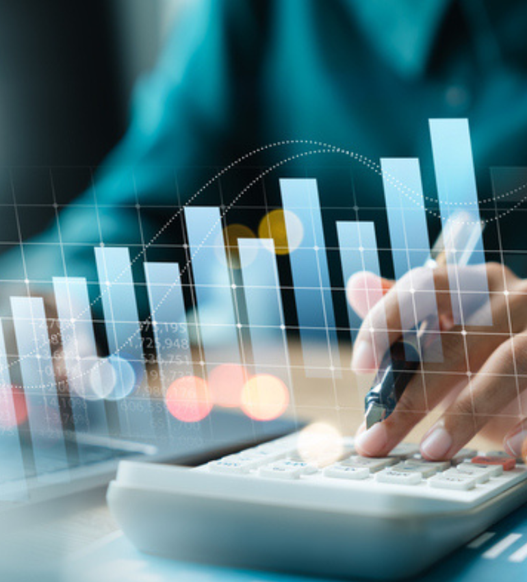 Businesswoman use laptop and calculator analyzing company growth, future business growth arrow graph, development to achieve goals, business outlook, financial data for long term investment.