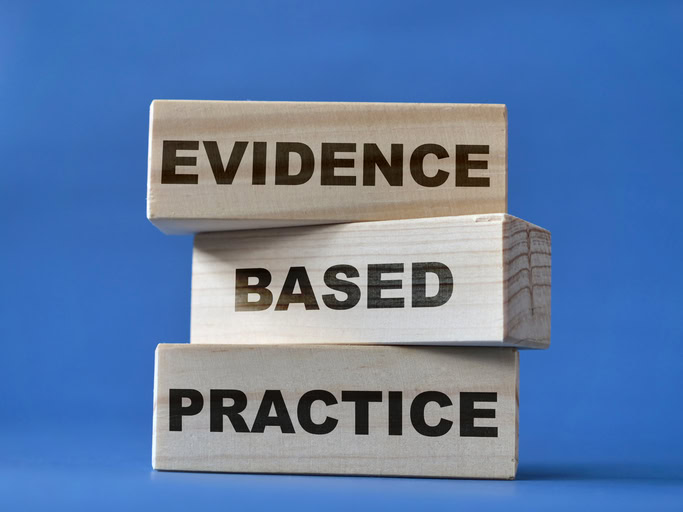 Evidence based practice, text words typography written on wooden blocks, life business and health concept