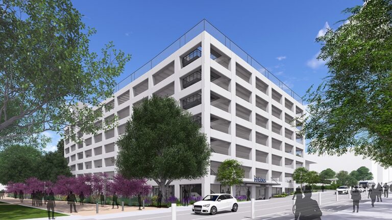 Illustration of a multi-floor parking garage with a white exterior