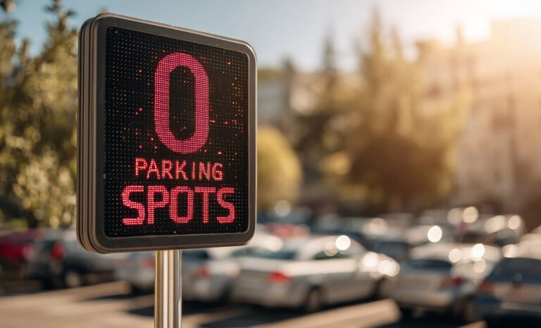 Generated AI image in front of a blurred parking lot, of a sign indicating that there are zero parking spots available