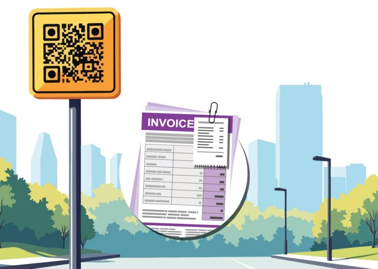 Illustration of a cityscape with green trees, a street sign with a QR code, and an insert of an illustration of an invoice