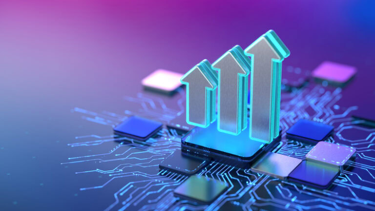A 3D scene of a growth chart made with glowing upward arrows standing on a microchip, representing growth, technology, and rising performance in digital industries. Ideal for tech, finance, and innovation themes.