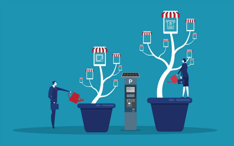 Rendering of two professional people watering a tree demonstrating the growth obtained by using the parking kiosk