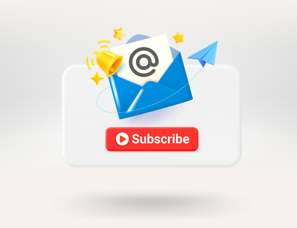 Pop up window with red button, blue envelope and golden bell. Subscribe concept. 3d vector illustration