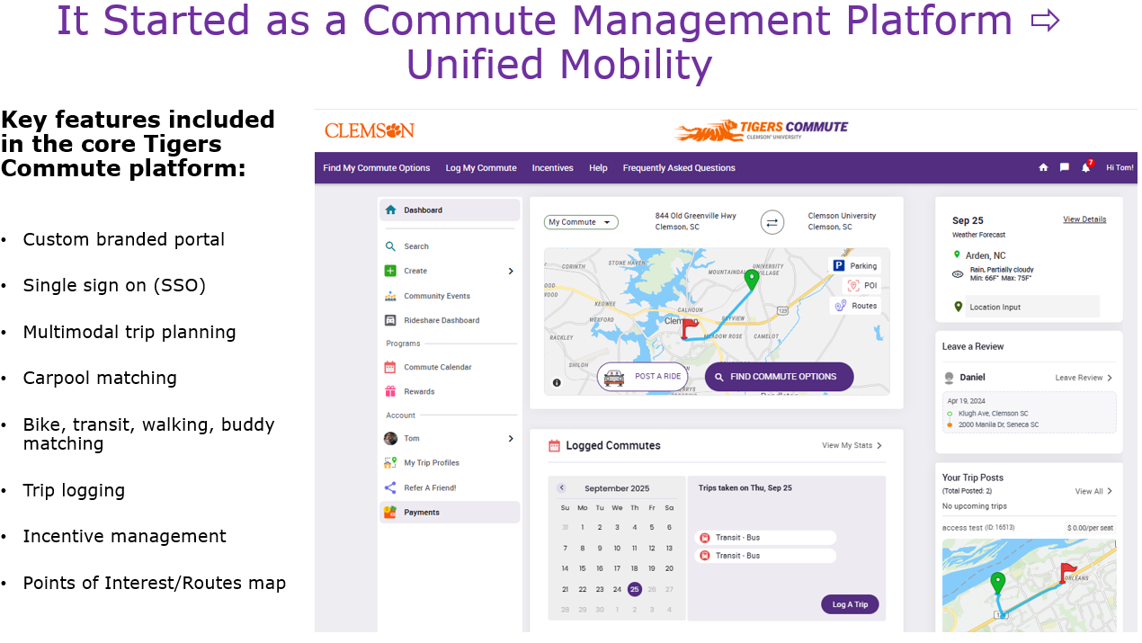 Innovation in a Mobility, Transportation, or Parking Program (sub-category: Innovation and Technology): Clemson University for &ldquo;Tigers Commute &ndash; Unified Mobility & Real-Time Parking and Transportation Experience,&rdquo; Clemson, SC. Owner: Clemson University.